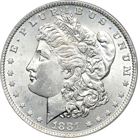 Five PCGS certified uncirculated Morgan dollars.