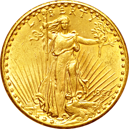 Seven raw uncirculated Saint-Gaudens.