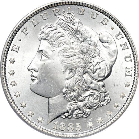 Six PCGS MS-66 Morgan dollars.