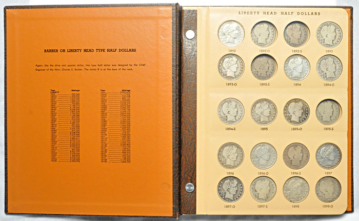 Nearly complete set of circulated Barber half-dollars in a Dansco 7150 album.