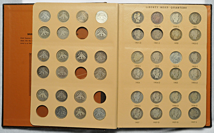 Nearly complete set of circulated Barber quarters in a Dansco 7130 album.