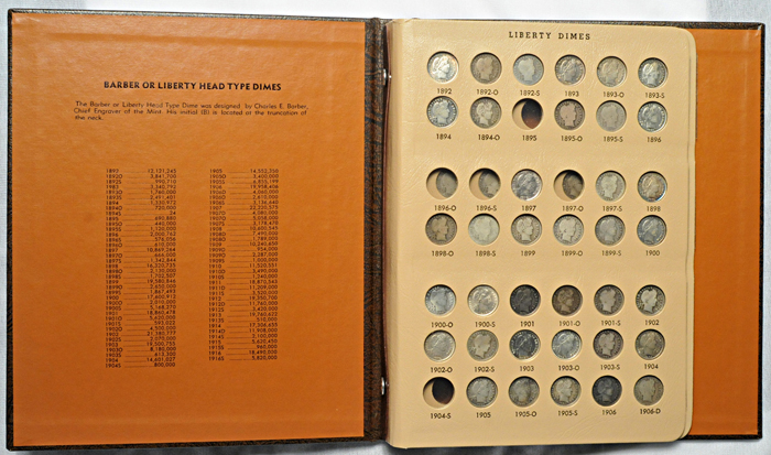 Nearly complete set of Barber dimes in a Dansco 7121 album.