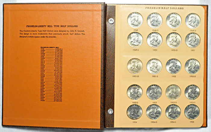 Complete set of AU-BU Franklin half-dollars in a Dansco 7165 album.