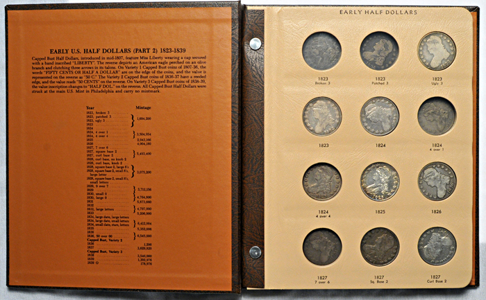 Nineteen circulated Bust half-dollars from 1823 thru 1839 in a Dansco-like album.