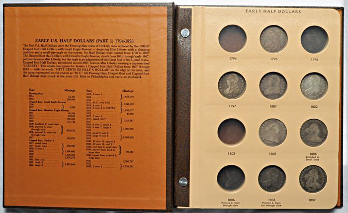 Nineteen circulated Bust half-dollars from 1805 thru 1822 in a Dansco-like album.