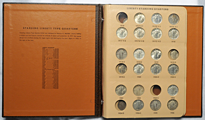 Nearly complete set of Standing Liberty quarters in a Dansco 7132 album.