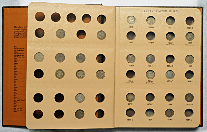 Partially complete set of Seated dimes in a Dansco-like album.