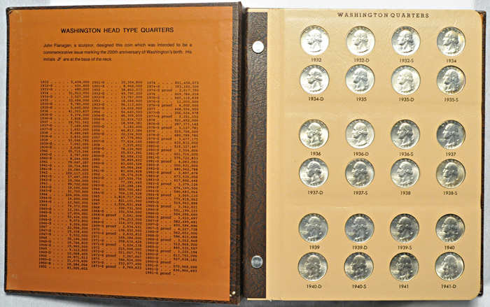 Complete set of AU-BU Washington quarters, including proof-only issues, 1932 thru 1996, in a Dansco 8140 album.