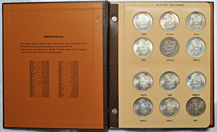 Nearly complete set of Morgan dollars from 1878 thru 1890 (no 1889-CC) in a Dansco 7178 album.