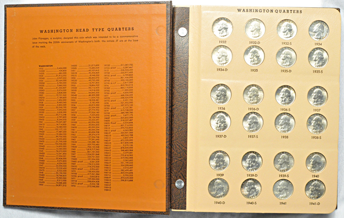 Complete set of AU-BU Washington quarters, including proof-only issues, 1932 thru 1995, in a Dansco 8140 album.