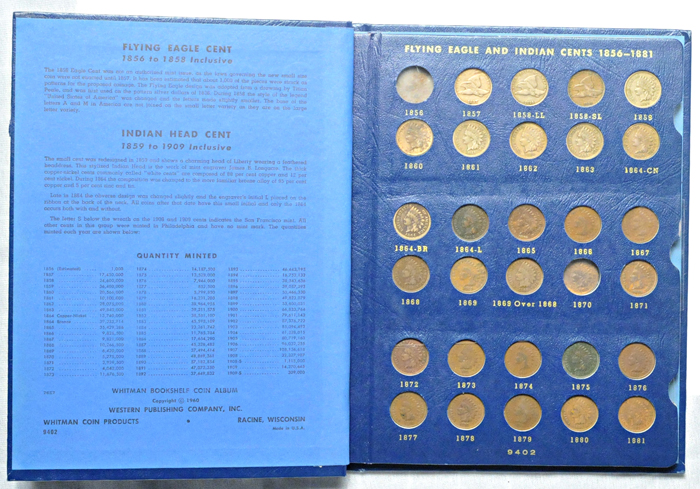 Nearly complete set of circulated Indian cents in a Whitman 9402 album.