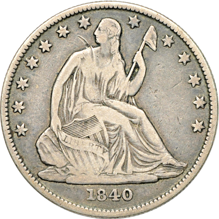 Nine Seated Liberty half-dollars.