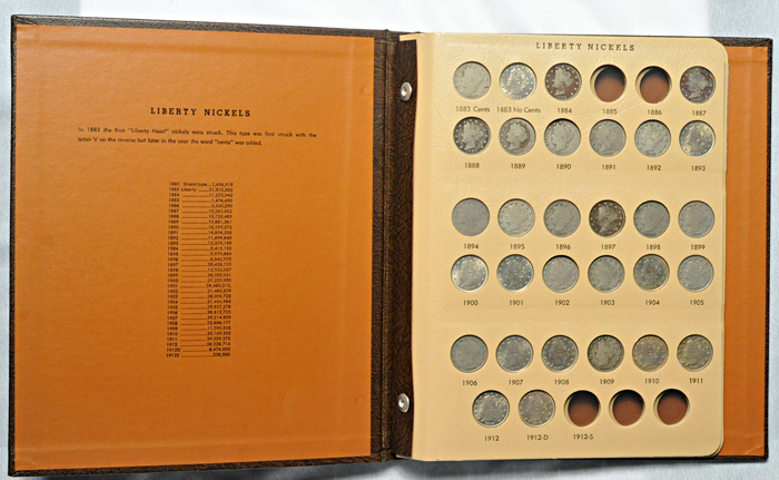 Nearly complete album of Liberty nickels, with numerous duplicates, in a Dansco 7111 album.