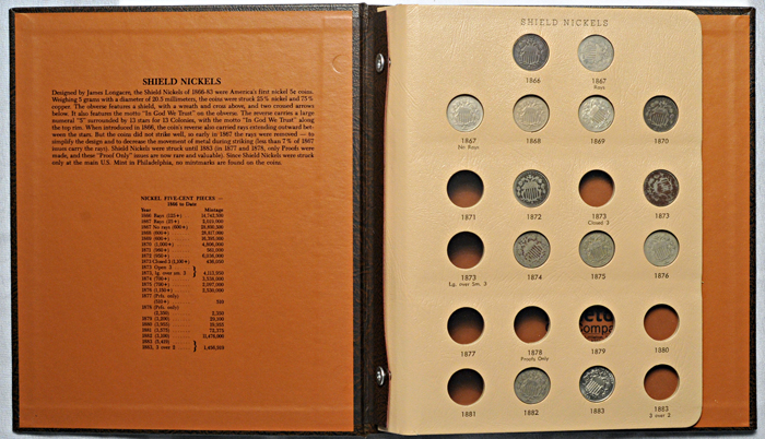 Thirteen Shield nickels in a Dansco-like album.