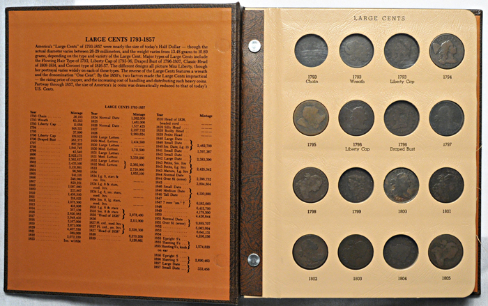 Mostly complete set of large cents in a Dansco-like album.