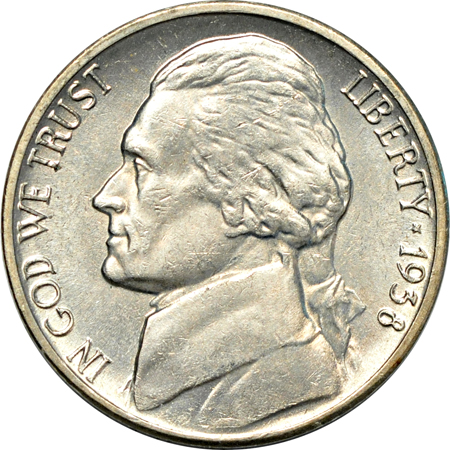 One BU (tube) roll of 1938 Jefferson nickels.