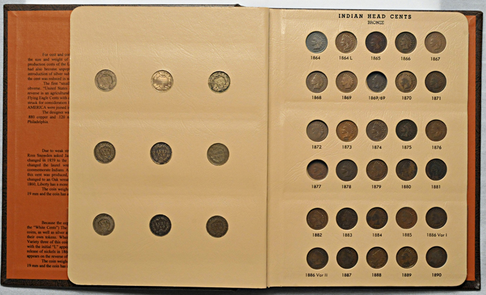 Nearly complete set of Flying Eagle and Indian Head cents (no 1869/69) in a Dansco 7101 album.