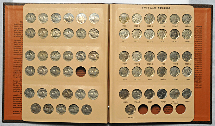 Nearly complete set of Buffalo nickels (no 1918-D 8/7) in a Dansco 7112 album.