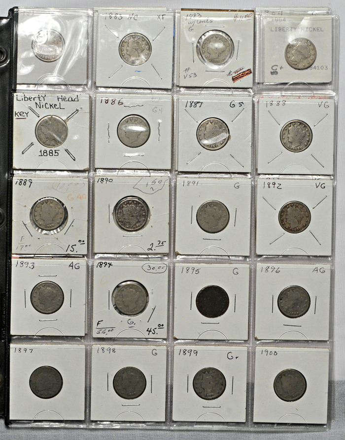 Two sets of Liberty-head nickels in plastic sheets.