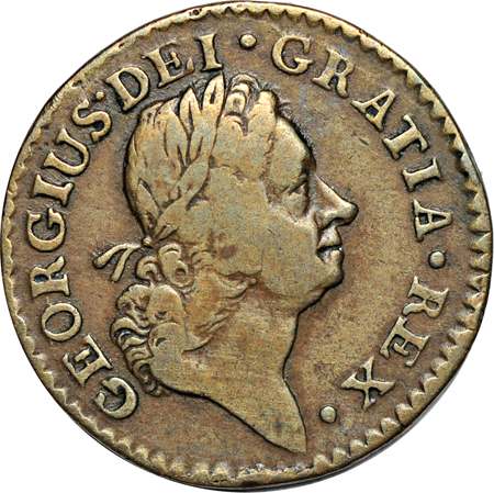 1724 Period After Date, Ten Harpstrings Hibernia Farthing. Martin 3.9-D.1, Breen 175, Rarity-4, 51.2 grains. VF.