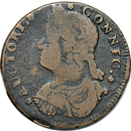 1787 Connecticut Copper, first "CONNFC" variety.  Miller 43.1-Y, Rarity-2, 134.4 grains. F.