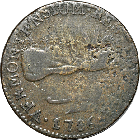 1786 Vermont Copper, "VERMONTENSIUM" obverse. Ryder-8, Rarity-4, 111.4 grains. VF.