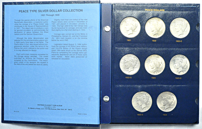 Complete set of Peace dollars in a Whitman Classic 9130 album.