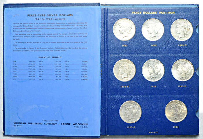 Complete set of Peace dollars in a Whitman 9340 album.