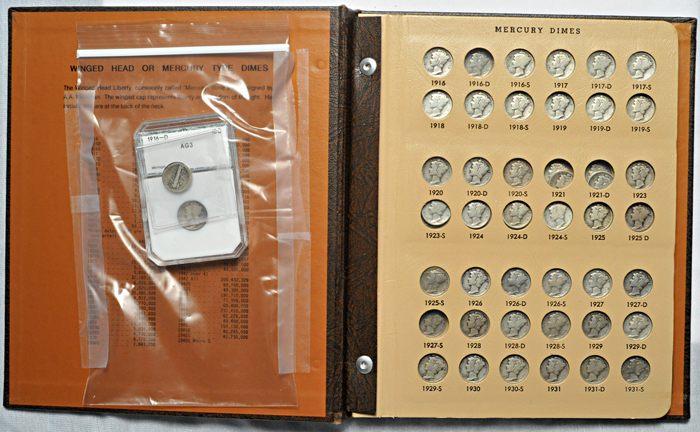 Nearly complete set of Mercury dimes in a Dansco 7123 album.