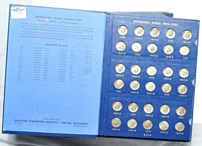 Large grouping of Roosevelt dimes in albums and plastic displays.