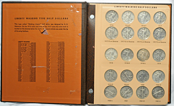 Complete set of Walking Liberty half-dollars in a Dansco 7160 album.