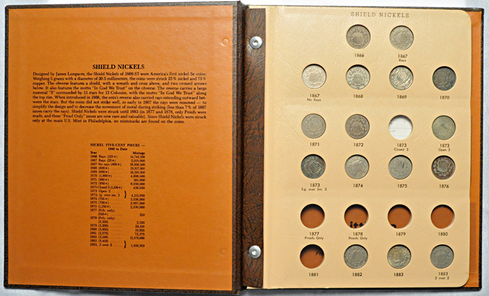 Seventy-percent filled set of Shield nickels in a Dansco-like album.