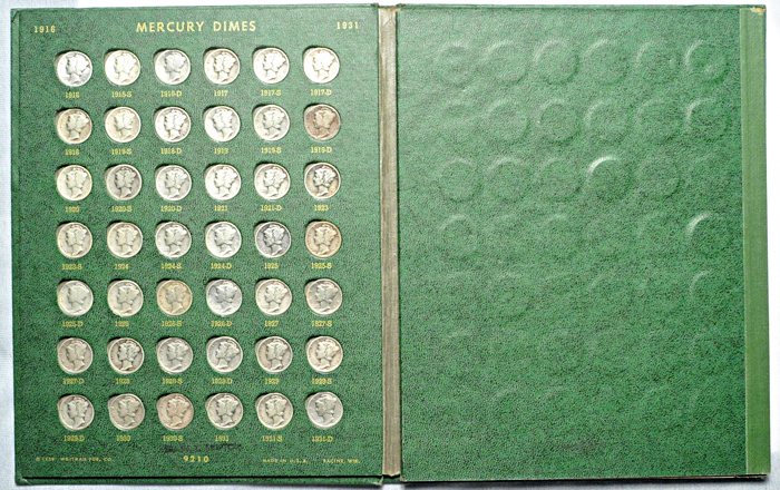 1916-D About Good/damaged in a complete set of Mercury dimes (no 42/1) and silver Roosevelt dimes in a retro Whitman 9210 album.