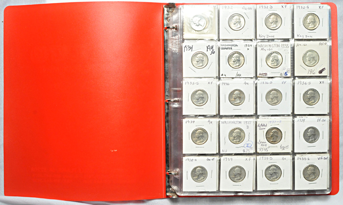 Complete set of Washington quarters 1932 thru 1998-S in a red binder.