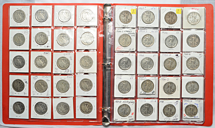 Complete set of circulated Walking Liberty half dollars in a red binder.