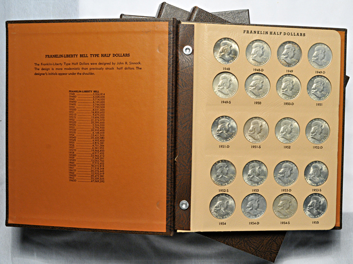 Five complete sets of Franklin half-dollars (XF-BU) in Dansco 7165 albums.