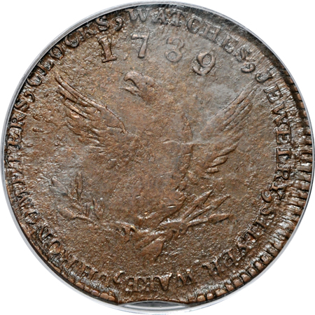 1789 Mott Token, thick planchet, plain edge. Breen 1020, Rarity-3. PCGS AU-58.