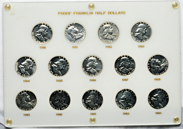 Complete set of Proof Franklin half-dollars 1950 thru 1963 in a Capitol Plastics' type holder.