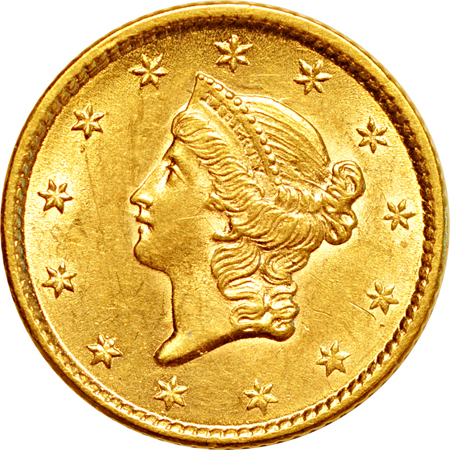 Five Type 1 $1 gold pieces.  AU.