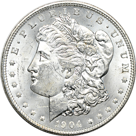 Ten O-Mint Morgan silver dollars.