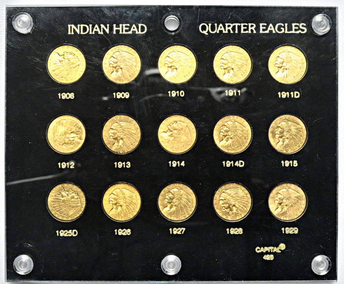 Complete set of AU/BU Indian-head quarter-eagles in a Capital Plastics' holder.