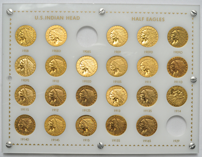 Twenty-two Indian-head half-eagles in a Capital Plastics'-like holder.