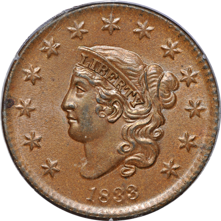 1833 (N-3) PCGS MS-64BN (rattler).