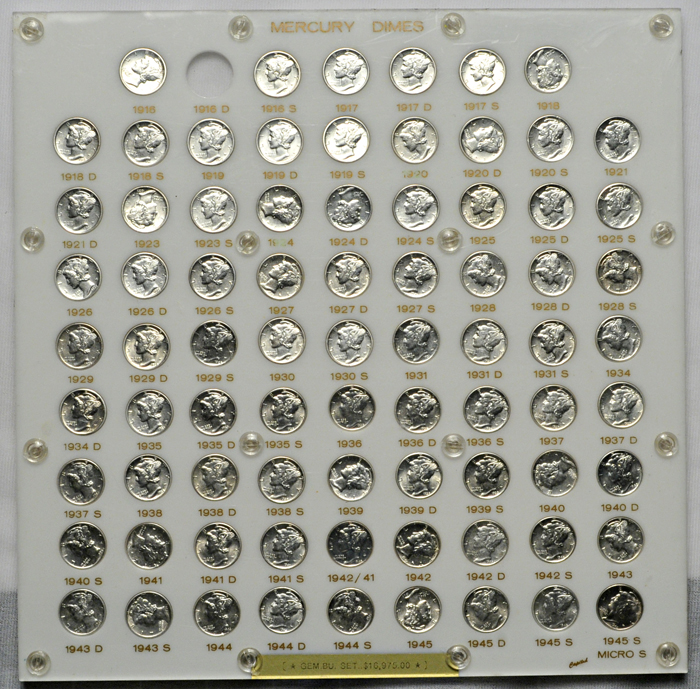 Nearly complete set of Mercury dimes (only missing 1916-D) in a Capital Plastics' holder.  AU-BU.