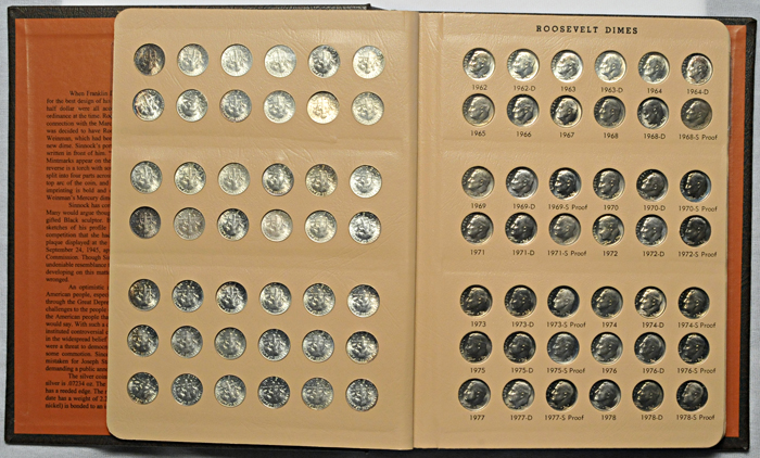 Complete set of Roosevelt dimes including proof-only issues in a Dansco 8125 album.