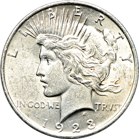 Twenty uncirculated 1923 Peace dollars from roll (now in sheets).