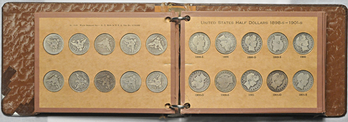 Complete set of Barber half-dollars in a National Coin album.