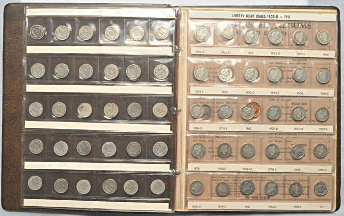 Complete set of Barber dimes in plastic sheets.