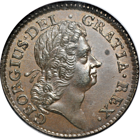 1723 Hibernia Halfpenny, no stop before H of HIBERNIA,. NGC MS-63 BN.