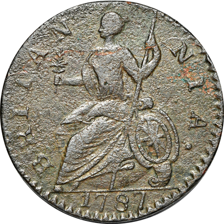 1787 "Machin's Mills or Atlee Imitation Halfpence", 108 grains. XF, corroded.